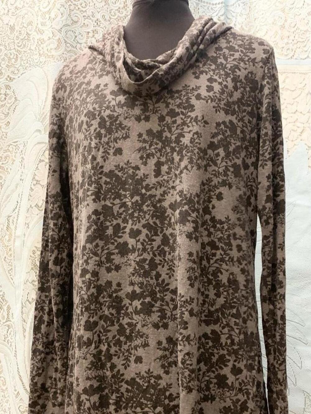 Cuddl Duds Goblincore Earthy Floral Cowl Neck High Low Loungewear Tunic